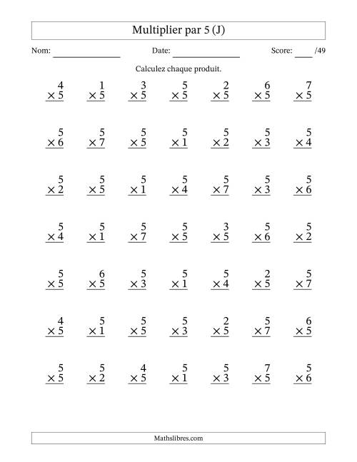 Multiplier (1 à 7) par 5 (49 Questions) (J)