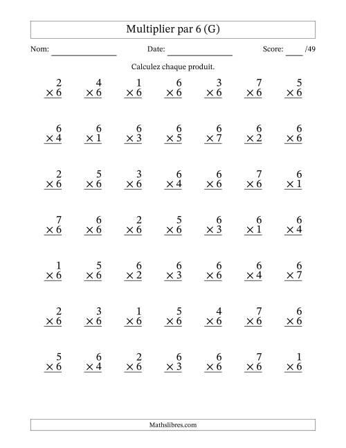 Multiplier (1 à 7) par 6 (49 Questions) (G)
