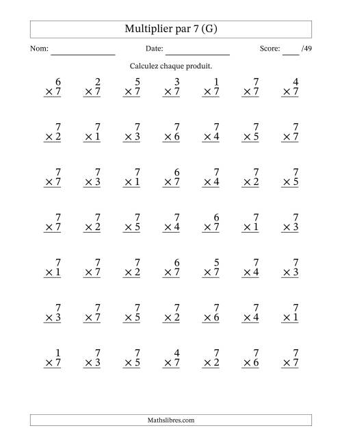 Multiplier (1 à 7) par 7 (49 Questions) (G)