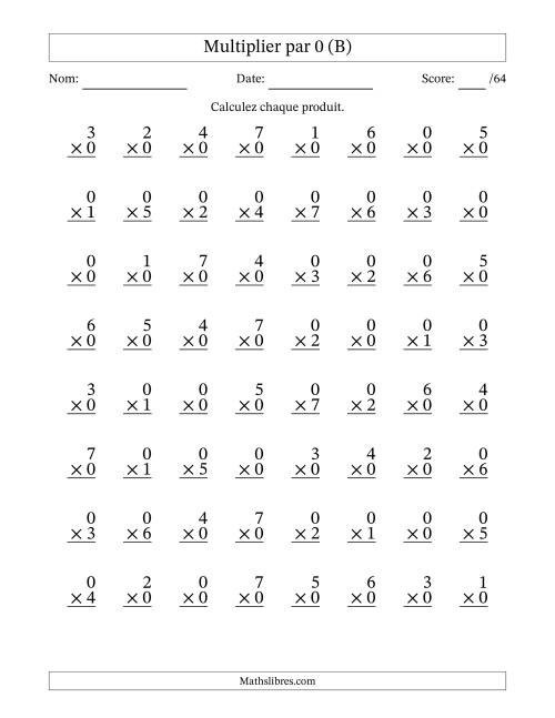 Multiplier (0 à 7) par 0 (64 Questions) (B)