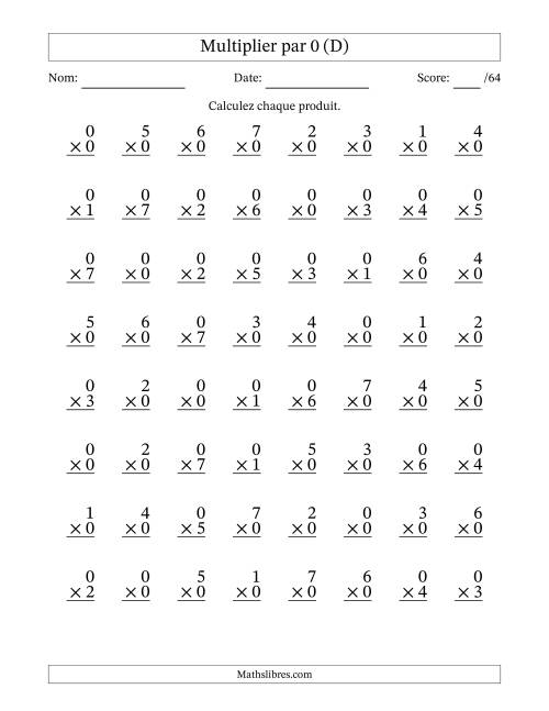 Multiplier (0 à 7) par 0 (64 Questions) (D)