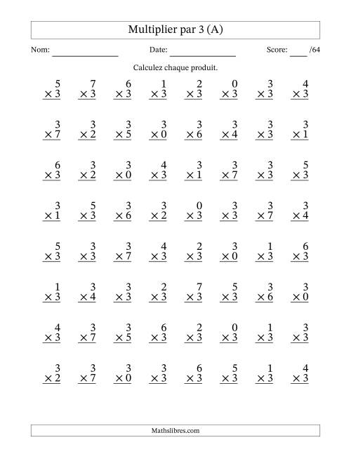 Multiplier (0 à 7) par 3 (64 Questions) (A)