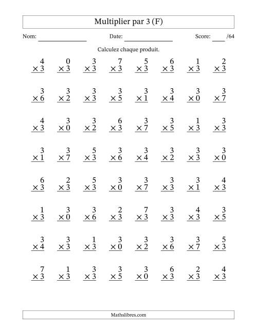 Multiplier (0 à 7) par 3 (64 Questions) (F)