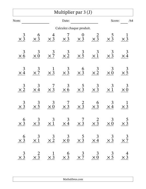 Multiplier (0 à 7) par 3 (64 Questions) (J)