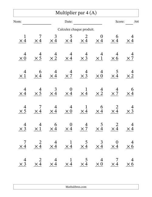 Multiplier (0 à 7) par 4 (64 Questions) (A)