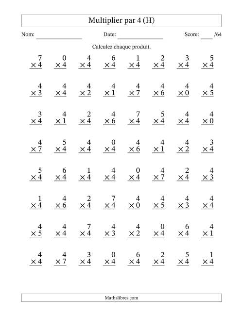Multiplier (0 à 7) par 4 (64 Questions) (H)