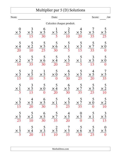 Multiplier (0 à 7) par 5 (64 Questions) (D) page 2