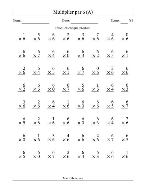 Multiplier (0 à 7) par 6 (64 Questions) (A)