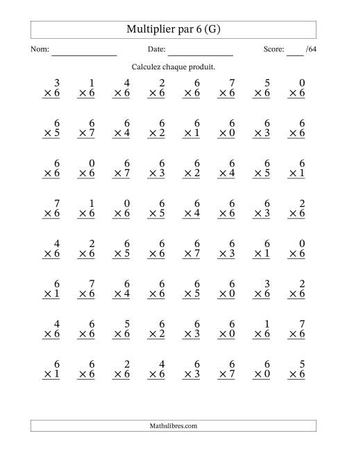 Multiplier (0 à 7) par 6 (64 Questions) (G)