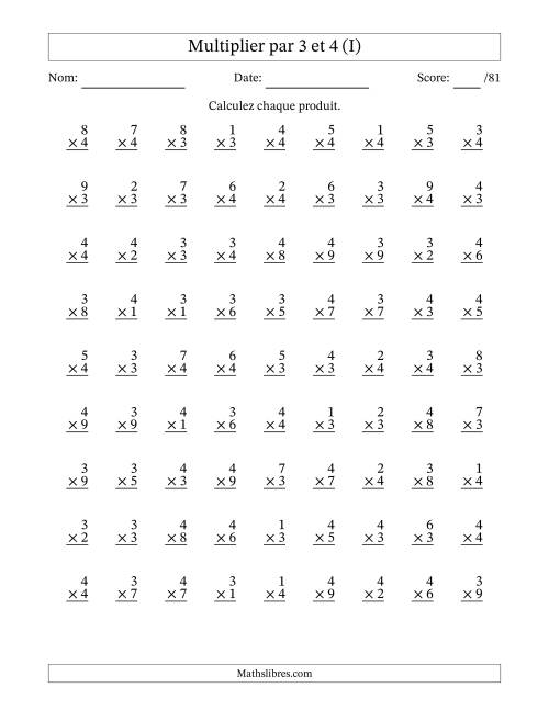 Multiplier (1 à 9) par 3 et 4 (81 Questions) (I)