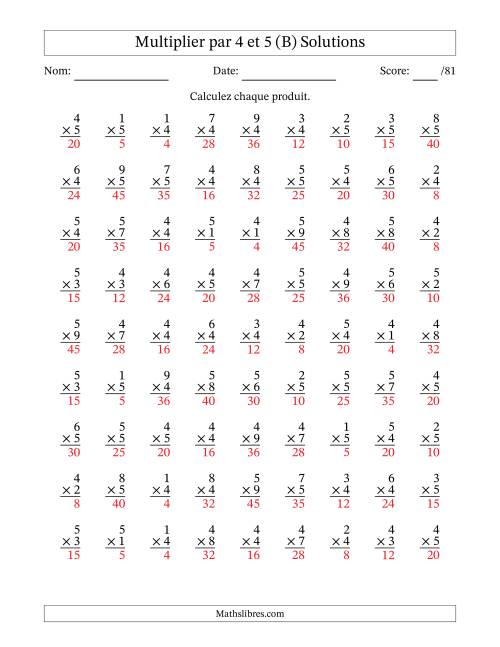 Multiplier (1 à 9) par 4 et 5 (81 Questions) (B) page 2