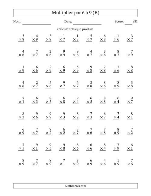Multiplier (1 à 9) par 6 à 9 (81 Questions) (B)