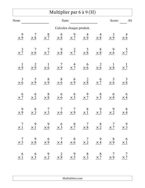 Multiplier (1 à 9) par 6 à 9 (81 Questions) (H)