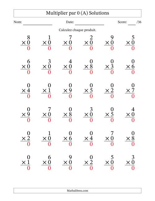 Multiplier (1 à 9) par 0 (36 Questions) (A) page 2