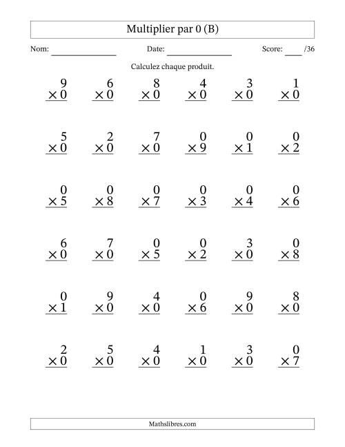 Multiplier (1 à 9) par 0 (36 Questions) (B)