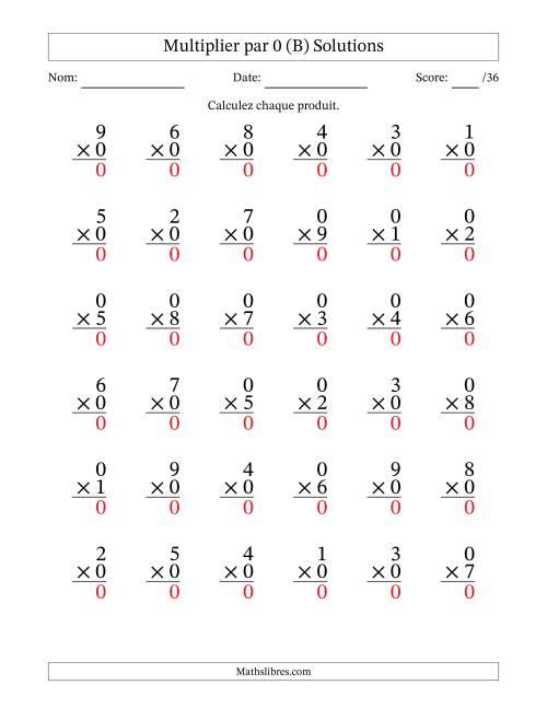 Multiplier (1 à 9) par 0 (36 Questions) (B) page 2