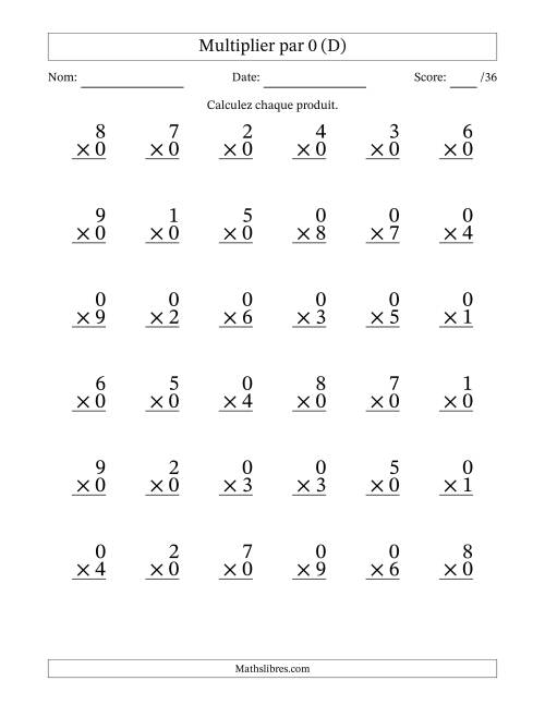 Multiplier (1 à 9) par 0 (36 Questions) (D)