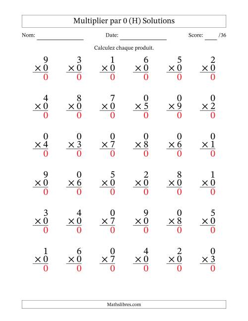 Multiplier (1 à 9) par 0 (36 Questions) (H) page 2
