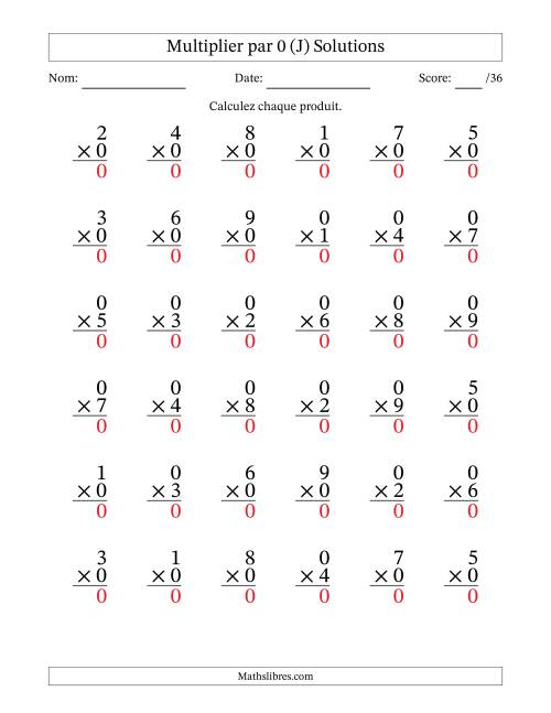 Multiplier (1 à 9) par 0 (36 Questions) (J) page 2