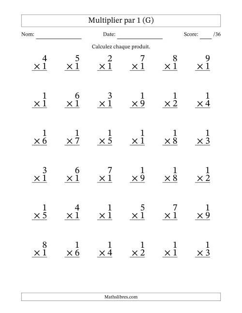 Multiplier (1 à 9) par 1 (36 Questions) (G)