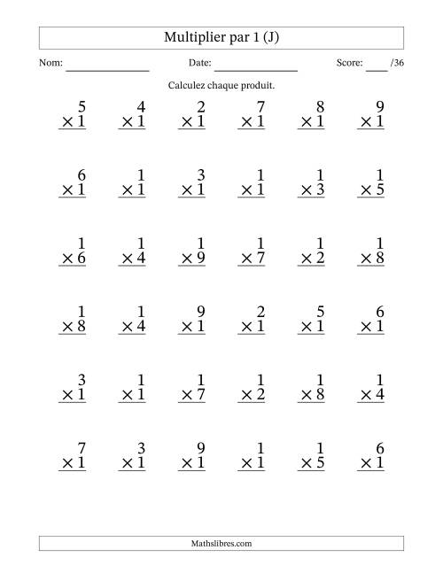 Multiplier (1 à 9) par 1 (36 Questions) (J)