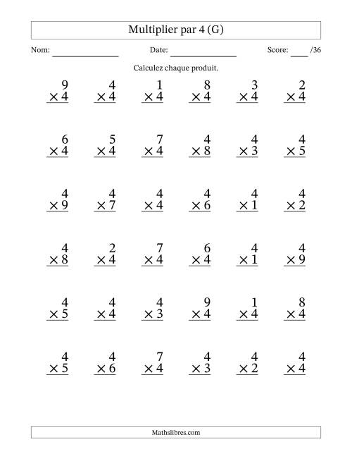 Multiplier (1 à 9) par 4 (36 Questions) (G)