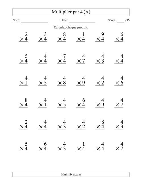 Multiplier (1 à 9) par 4 (36 Questions) (Tout)