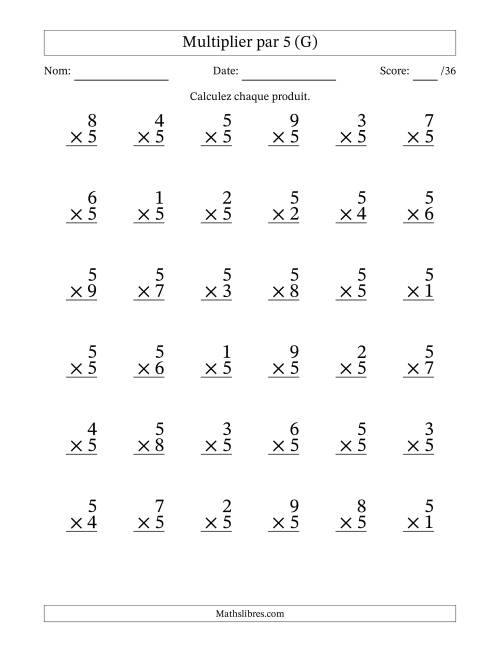 Multiplier (1 à 9) par 5 (36 Questions) (G)