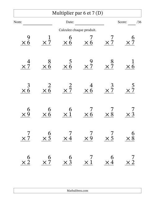 Multiplier (1 à 9) par 6 et 7 (36 Questions) (D)