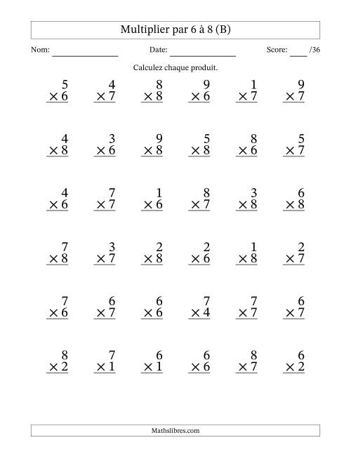 Multiplier (1 à 9) par 6 à 8 (36 Questions) (B)