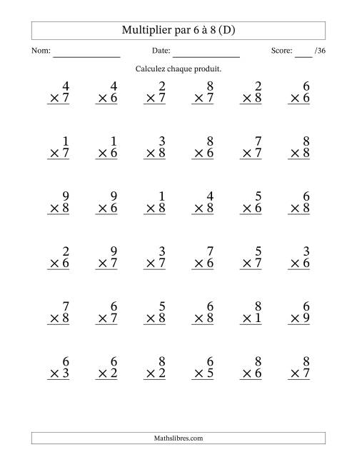 Multiplier (1 à 9) par 6 à 8 (36 Questions) (D)