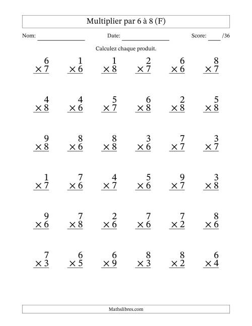 Multiplier (1 à 9) par 6 à 8 (36 Questions) (F)