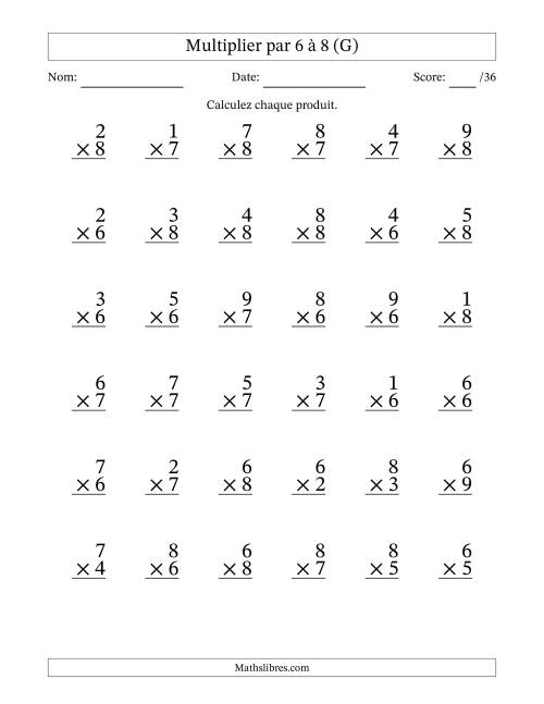 Multiplier (1 à 9) par 6 à 8 (36 Questions) (G)