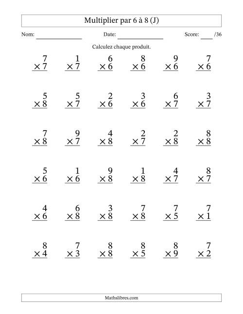 Multiplier (1 à 9) par 6 à 8 (36 Questions) (J)