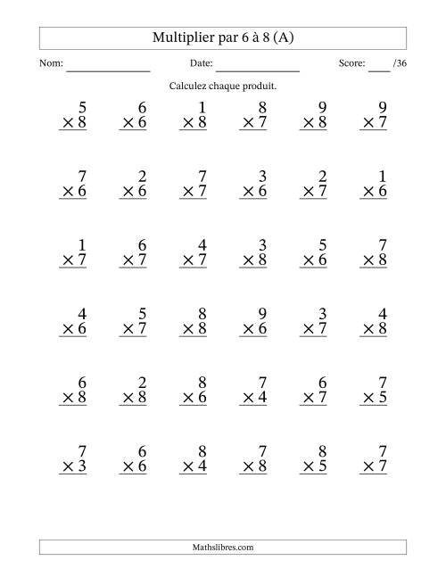 Multiplier (1 à 9) par 6 à 8 (36 Questions) (Tout)