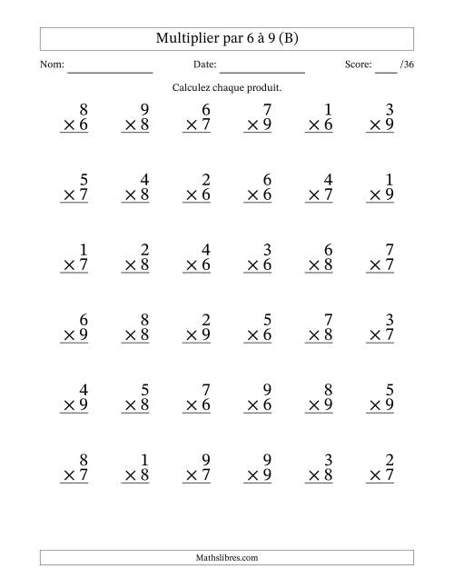 Multiplier (1 à 9) par 6 à 9 (36 Questions) (B)