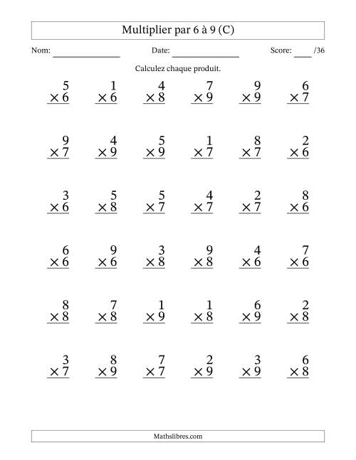 Multiplier (1 à 9) par 6 à 9 (36 Questions) (C)