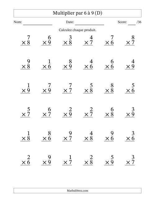 Multiplier (1 à 9) par 6 à 9 (36 Questions) (D)