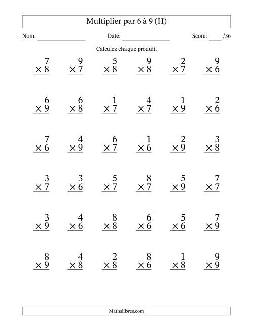 Multiplier (1 à 9) par 6 à 9 (36 Questions) (H)
