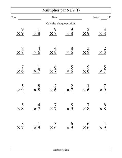 Multiplier (1 à 9) par 6 à 9 (36 Questions) (I)