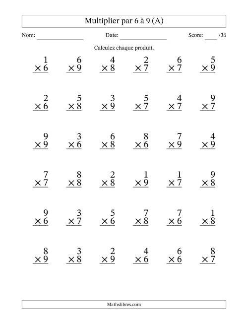 Multiplier (1 à 9) par 6 à 9 (36 Questions) (Tout)