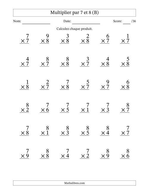 Multiplier (1 à 9) par 7 et 8 (36 Questions) (B)