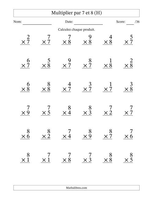 Multiplier (1 à 9) par 7 et 8 (36 Questions) (H)
