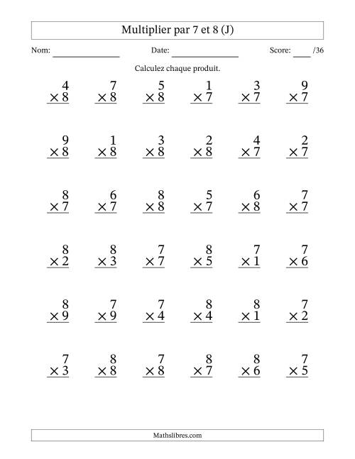 Multiplier (1 à 9) par 7 et 8 (36 Questions) (J)