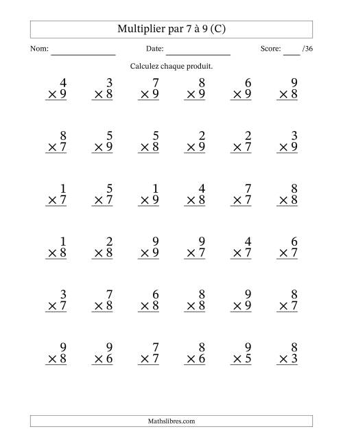 Multiplier (1 à 9) par 7 à 9 (36 Questions) (C)