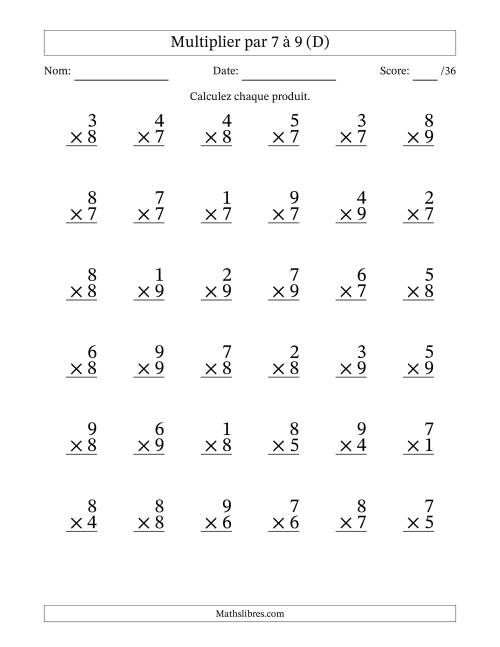 Multiplier (1 à 9) par 7 à 9 (36 Questions) (D)