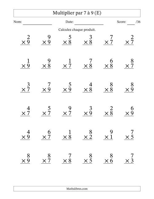 Multiplier (1 à 9) par 7 à 9 (36 Questions) (E)