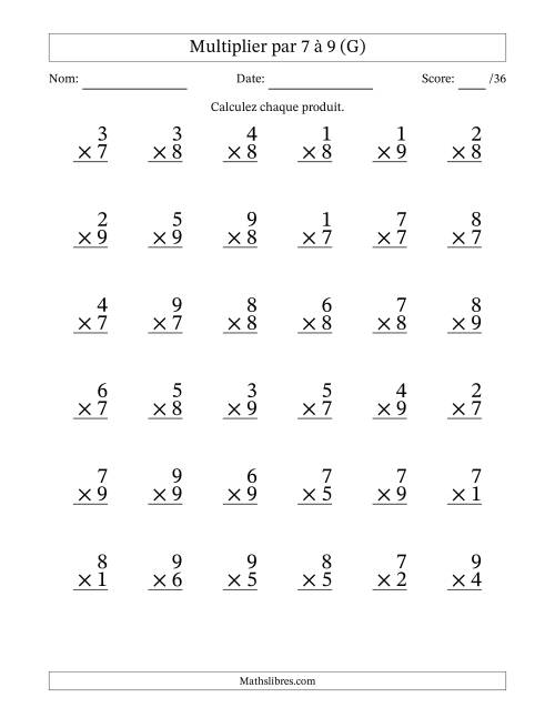 Multiplier (1 à 9) par 7 à 9 (36 Questions) (G)