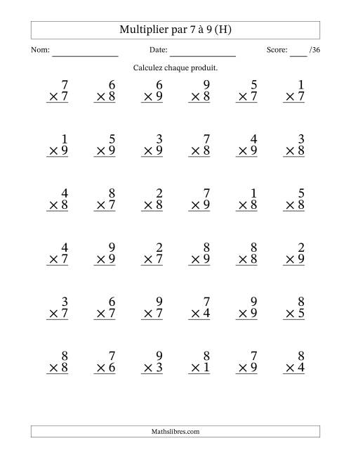 Multiplier (1 à 9) par 7 à 9 (36 Questions) (H)