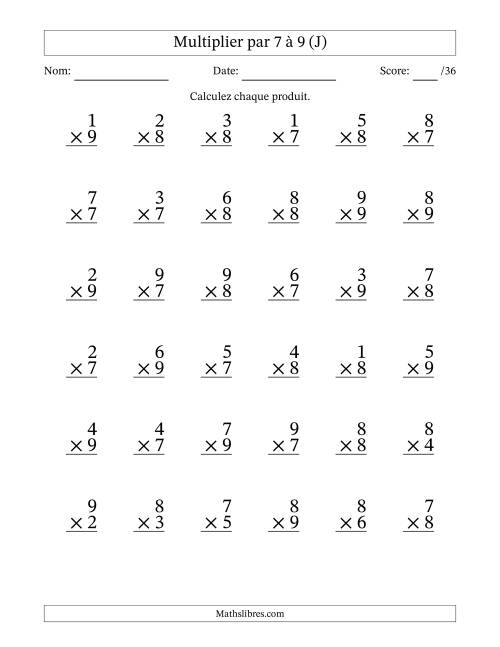 Multiplier (1 à 9) par 7 à 9 (36 Questions) (J)